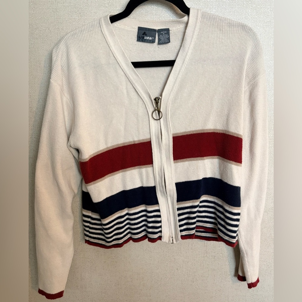 Vintage LizWear Women's Cream, Red, and Blue Zip-Up Cardigan Y2K